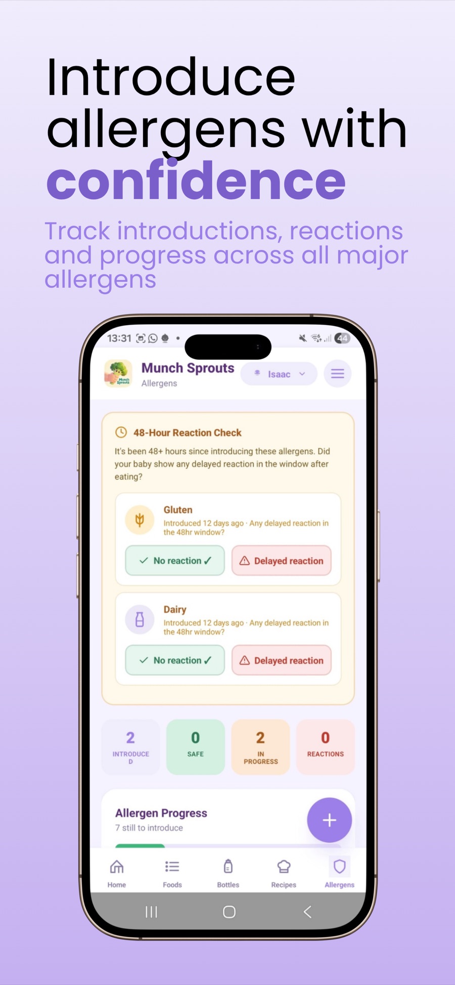 MunchSprouts allergen tracker with a 48-hour reaction check