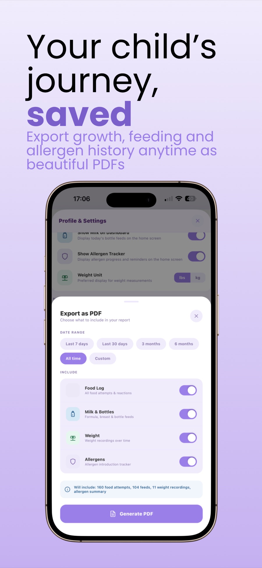 MunchSprouts PDF export controls for food, feeding, weight and allergen history