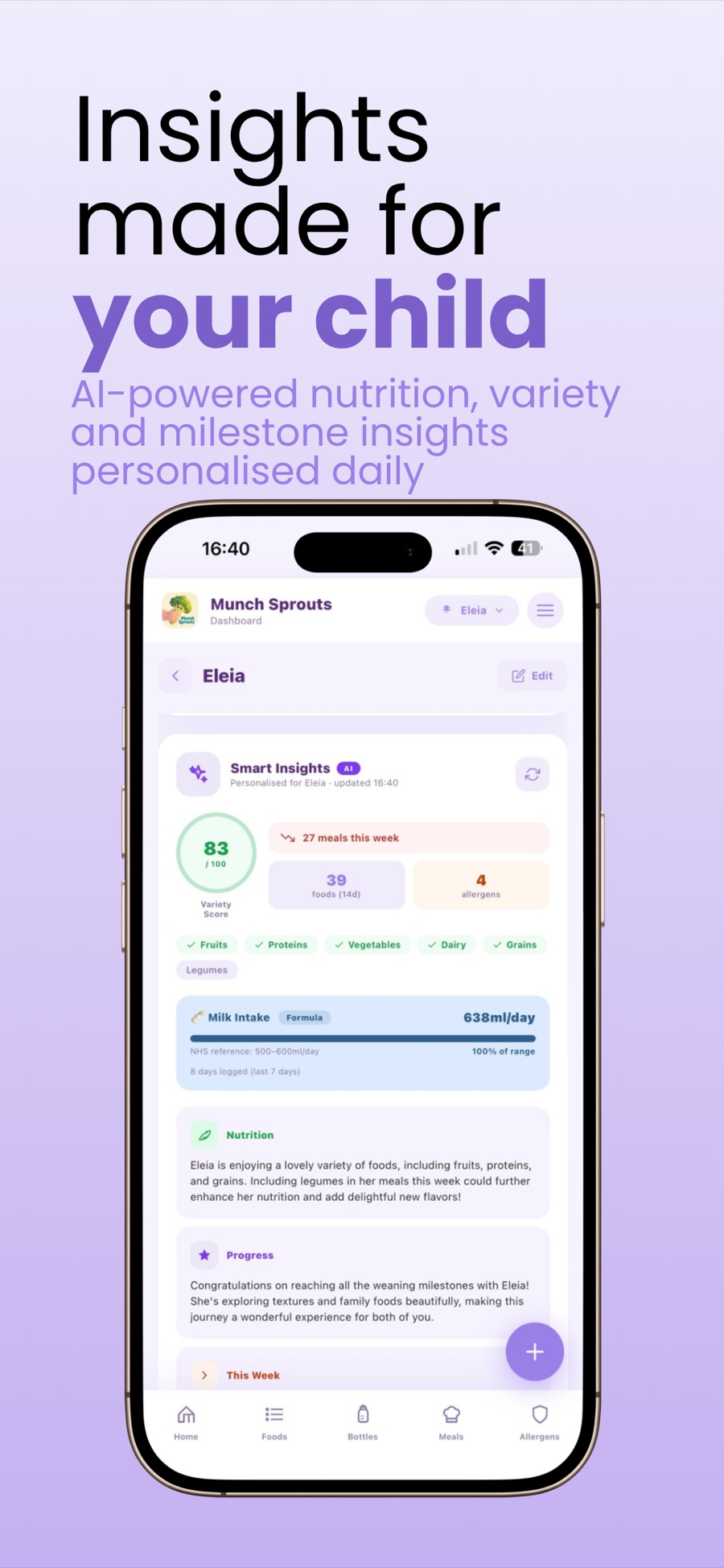 MunchSprouts personalised insight screen showing variety, nutrition and progress summaries