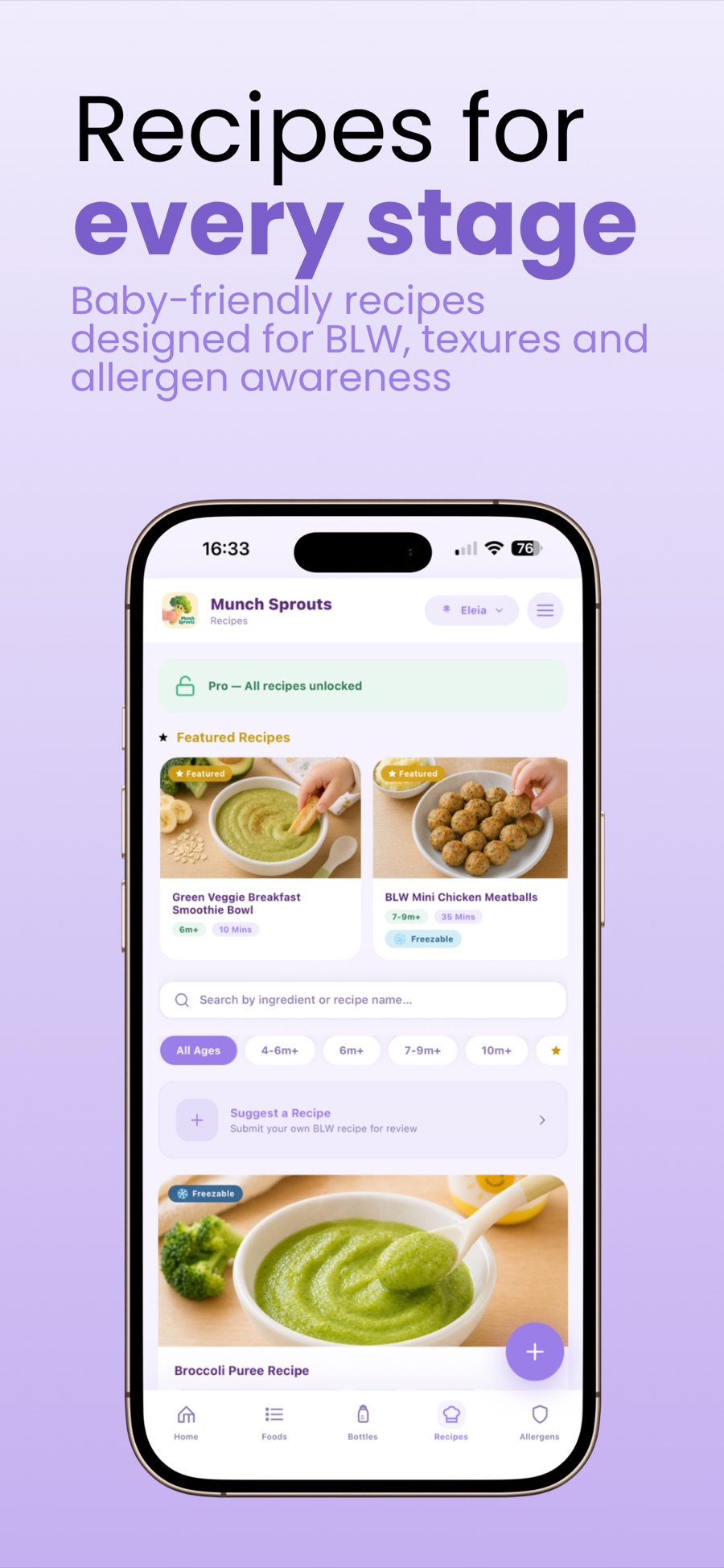 MunchSprouts searchable baby-friendly recipe library